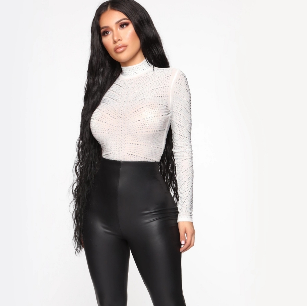 NWT Fashion Nova Embellished White Bodysuit XS